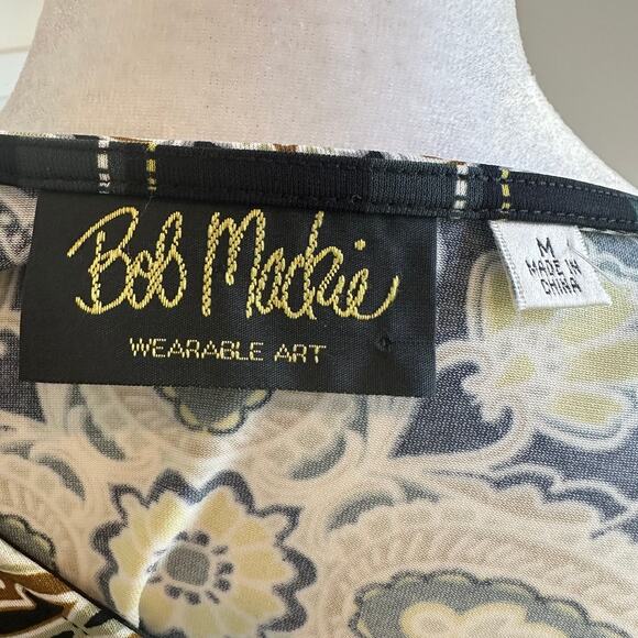 Bob Mackie Wearable Art Black Yellow Paisley Stretch Long Sleeve Shirt Medium - Picture 5 of 6